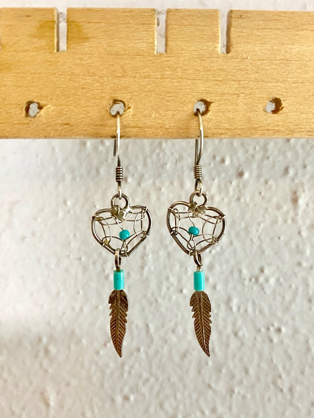 Handmade turquoise heart dream catcher dangle earrings in sterling silver